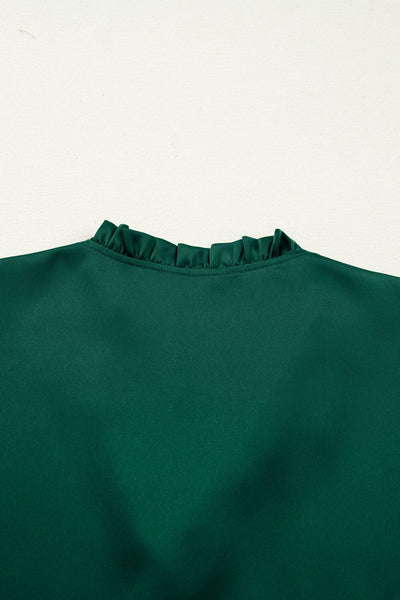 Women's Blackish Green Frilled V-Neck Blouse with 3/4 Puff Sleeves