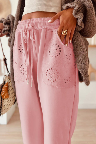 Women's Blossom Pink Embroidered High-Waisted Drawstring Pants