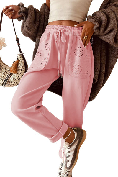Women's Blossom Pink Embroidered High-Waisted Drawstring Pants