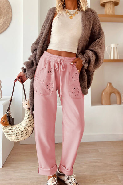 Women's Blossom Pink Embroidered High-Waisted Drawstring Pants
