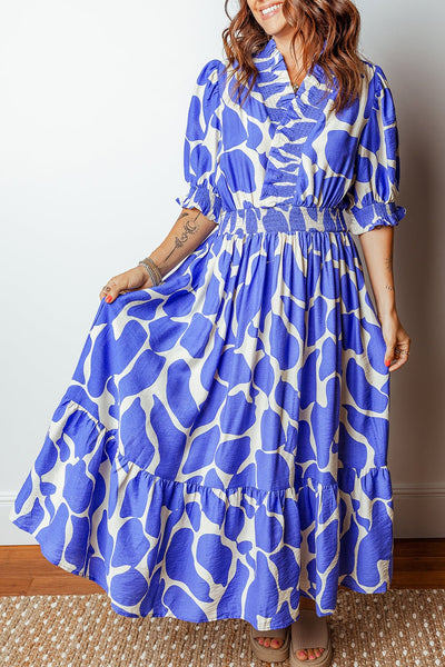 Women's Blue Abstract Smocked Maxi Dress with Puff Sleeves