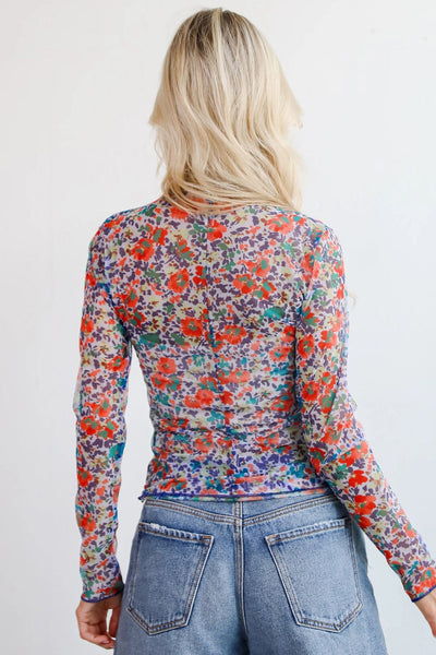 Women's Blue Floral Mesh Mock Neck Long Sleeve Top