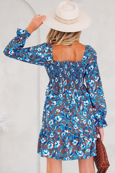 Women's Blue Floral Smocked Bodice Mini Dress with Ruffled Sleeves