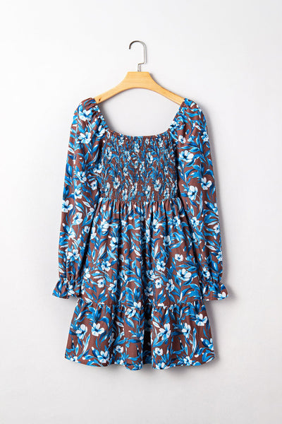 Women's Blue Floral Smocked Bodice Mini Dress with Ruffled Sleeves
