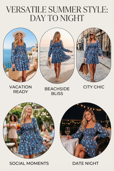 Women's Blue Floral Smocked Bodice Mini Dress with Ruffled Sleeves