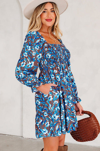 Women's Blue Floral Smocked Bodice Mini Dress with Ruffled Sleeves
