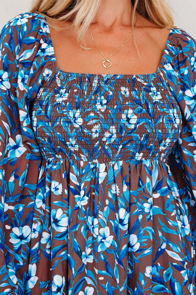 Women's Blue Floral Smocked Bodice Mini Dress with Ruffled Sleeves