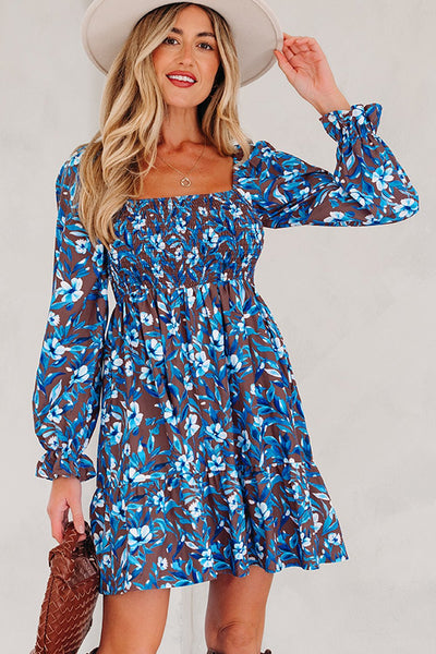 Women's Blue Floral Smocked Bodice Mini Dress with Ruffled Sleeves