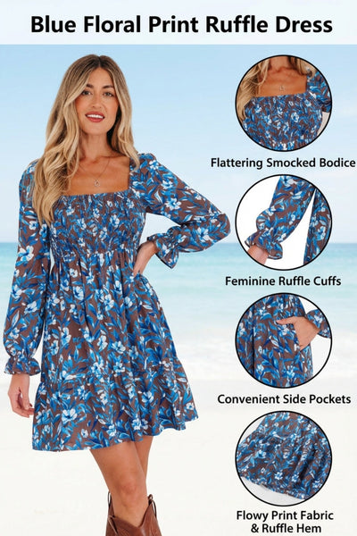 Women's Blue Floral Smocked Bodice Mini Dress with Ruffled Sleeves