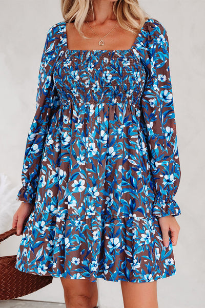 Women's Blue Floral Smocked Bodice Mini Dress with Ruffled Sleeves