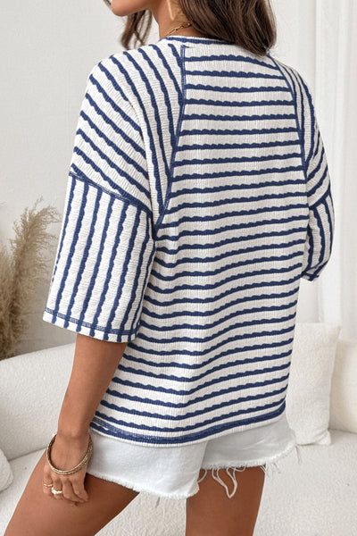 Women's Blue Striped Half-Sleeve Relaxed Knit Top with Side Splits