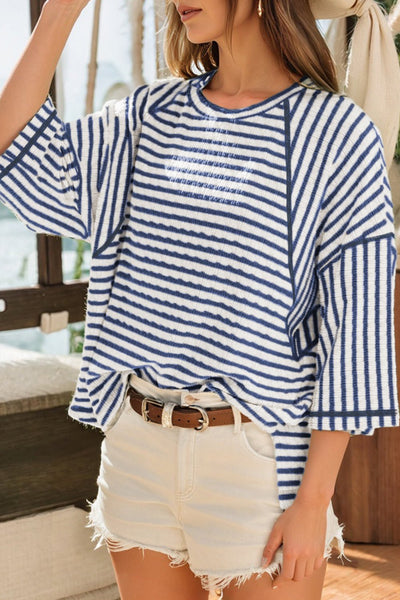 Women's Blue Striped Half-Sleeve Relaxed Knit Top with Side Splits