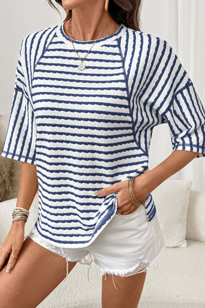 Women's Blue Striped Half-Sleeve Relaxed Knit Top with Side Splits