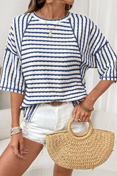 Women's Blue Striped Half-Sleeve Relaxed Knit Top with Side Splits