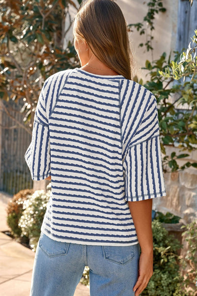 Women's Blue Striped Half-Sleeve Relaxed Knit Top with Side Splits
