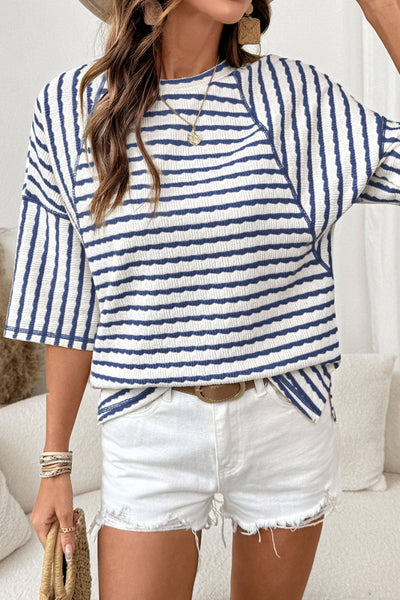 Women's Blue Striped Half-Sleeve Relaxed Knit Top with Side Splits