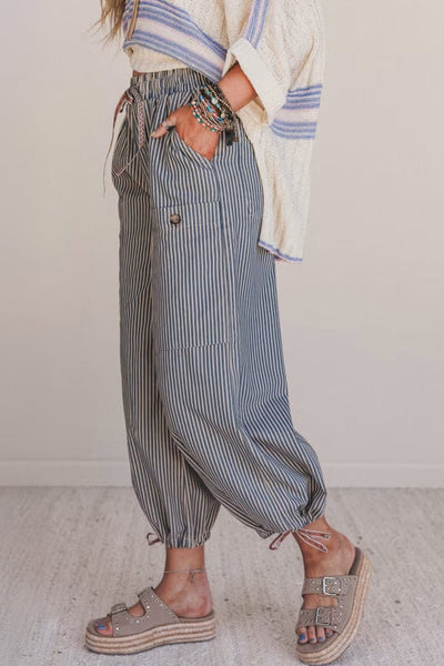 Women's Blue Ticking Stripe Wide-Leg Utility Jogger