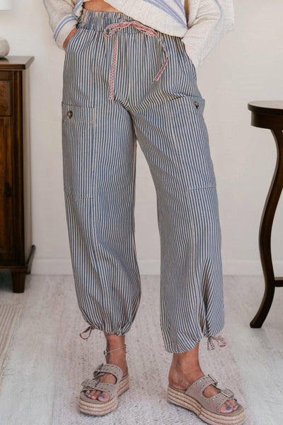 Women's Blue Ticking Stripe Wide-Leg Utility Jogger