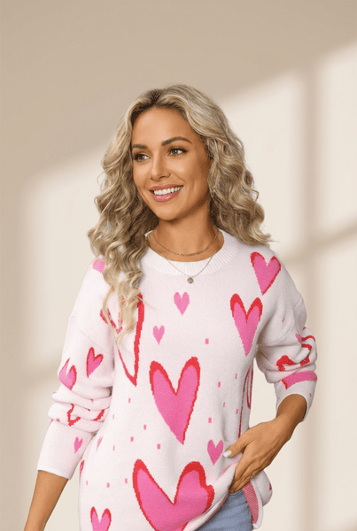Women's Blush Pink Heart Intarsia Knit Sweater