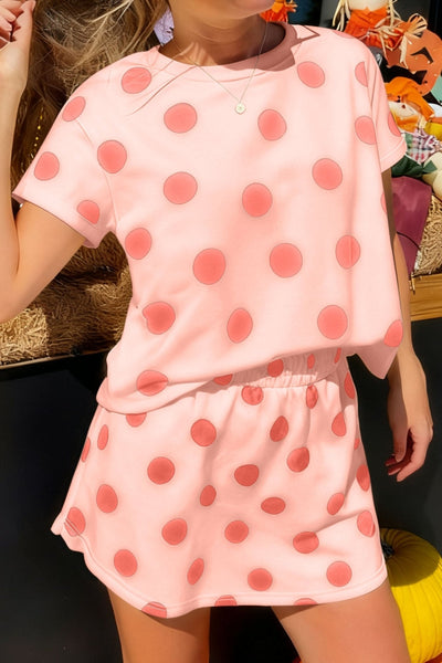 Women's Blush Pink Polka Dot Lounge Set: Relaxed Top and Mini Skirt with practical styling and dependable silhouette control.