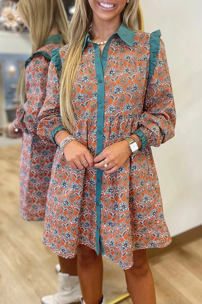 Women's Boho Floral Cotton Mini Dress with Teal Contrast Collar