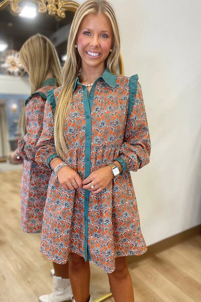 Women's Boho Floral Cotton Mini Dress with Teal Contrast Collar
