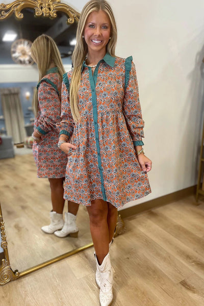 Women's Boho Floral Cotton Mini Dress with Teal Contrast Collar