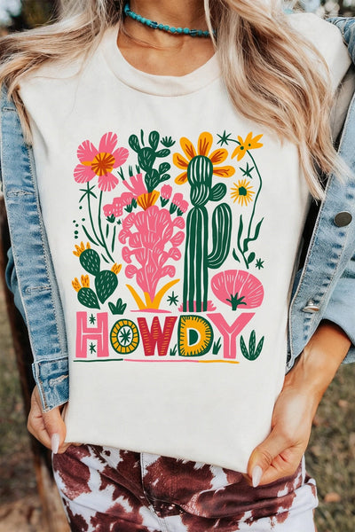 Women's Boho Western 'Howdy' Desert Floral Graphic Tee