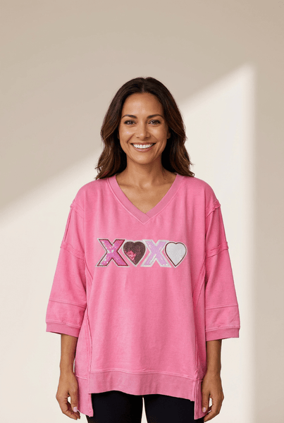 Women's Bonbon Pink Sequin XOXO V-Neck Top with Raw Seams