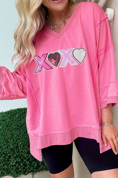 Women's Bonbon Pink Sequin XOXO V-Neck Top with Raw Seams