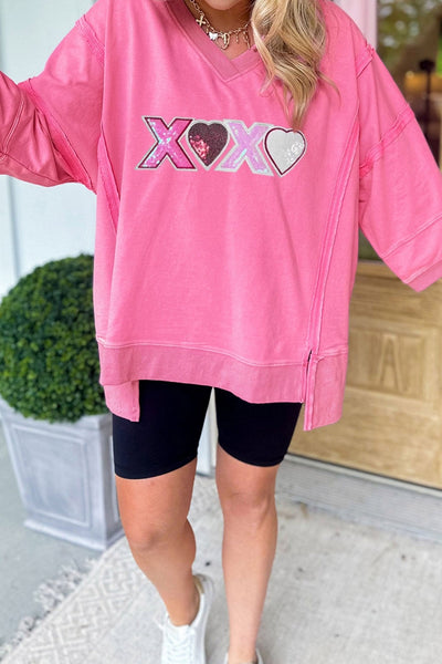 Women's Bonbon Pink Sequin XOXO V-Neck Top with Raw Seams