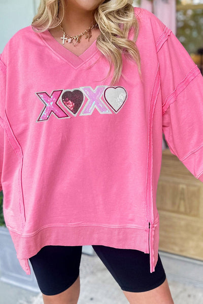 Women's Bonbon Pink Sequin XOXO V-Neck Top with Raw Seams