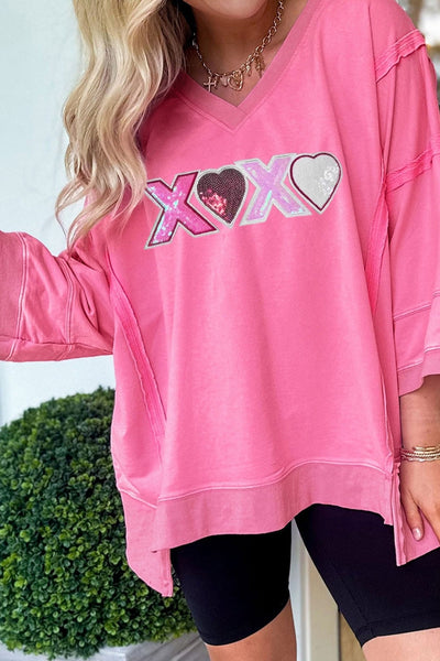 Women's Bonbon Pink Sequin XOXO V-Neck Top with Raw Seams