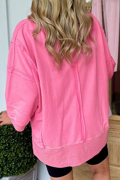 Women's Bonbon Pink Sequin XOXO V-Neck Top with Raw Seams