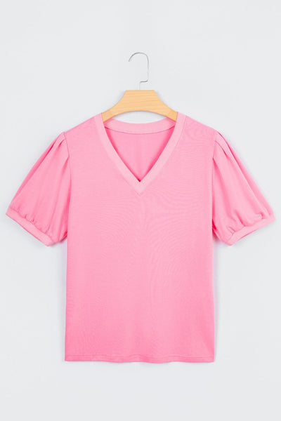 Women's Bonbon V-Neck Puff Sleeve Blouse in Vibrant Peony
