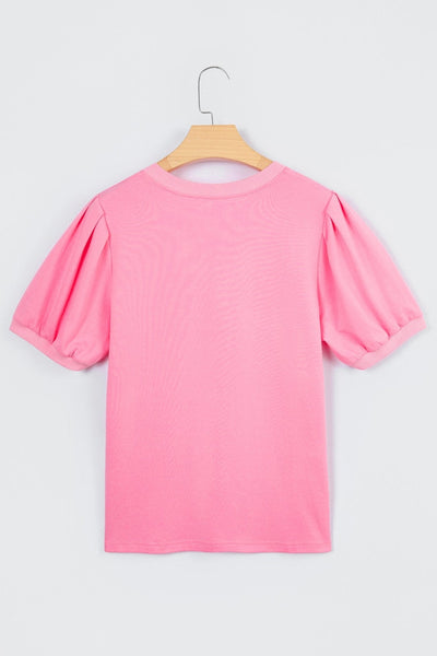 Women's Bonbon V-Neck Puff Sleeve Blouse in Vibrant Peony
