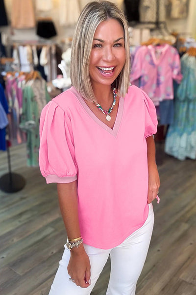 Women's Bonbon V-Neck Puff Sleeve Blouse in Vibrant Peony