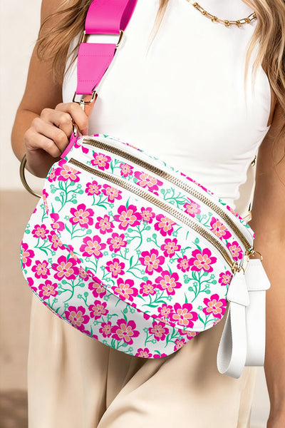 Women's Botanical Canvas Crescent Crossbody Bag in Fuchsia Floral