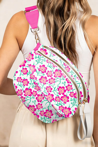 Women's Botanical Canvas Crescent Crossbody Bag in Fuchsia Floral