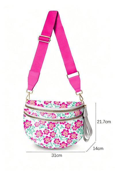Women's Botanical Canvas Crescent Crossbody Bag in Fuchsia Floral