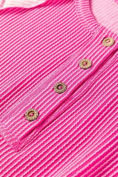 Women's Bright Pink Ribbed Color-Block Henley Short Sleeve Tee