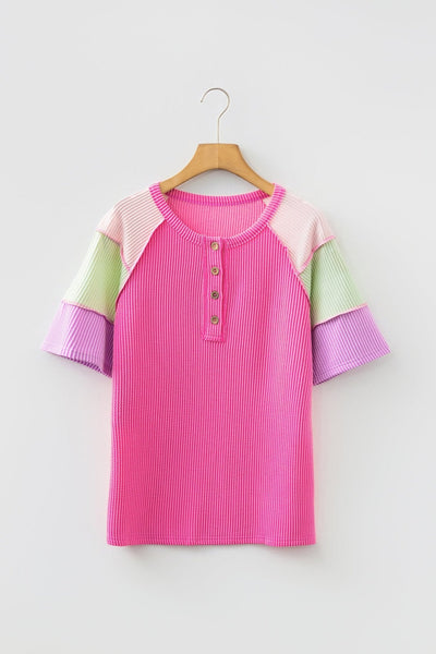 Women's Bright Pink Ribbed Color-Block Henley Short Sleeve Tee