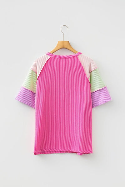 Women's Bright Pink Ribbed Color-Block Henley Short Sleeve Tee