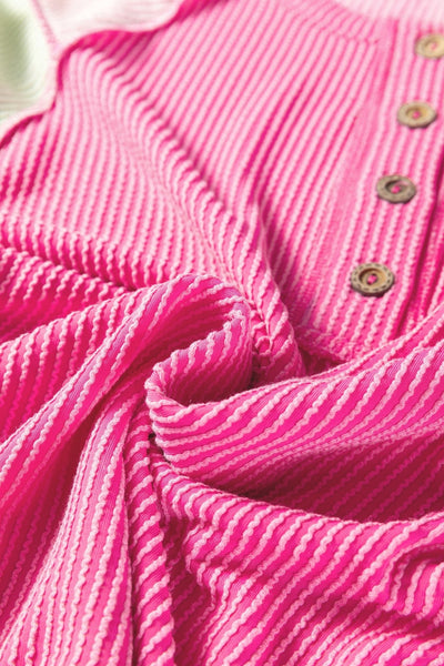 Women's Bright Pink Ribbed Color-Block Henley Short Sleeve Tee