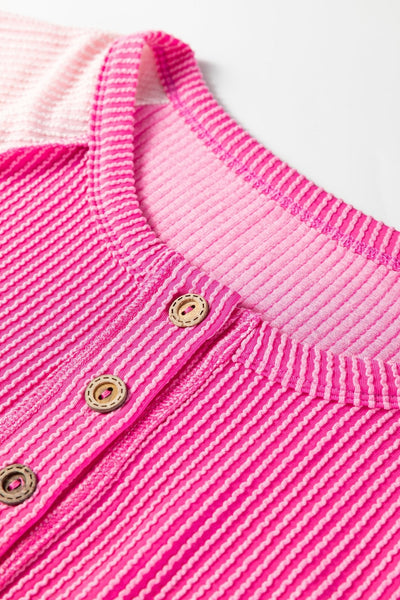 Women's Bright Pink Ribbed Color-Block Henley Short Sleeve Tee