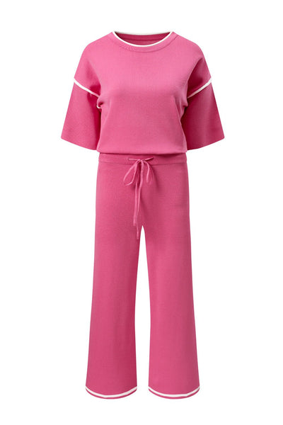 Women's Bright Pink Textured Knit Sweater and Wide-Leg Pant Set
