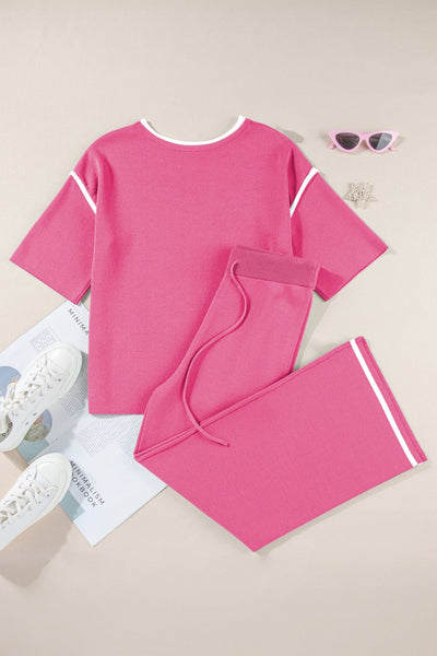 Women's Bright Pink Textured Knit Sweater and Wide-Leg Pant Set