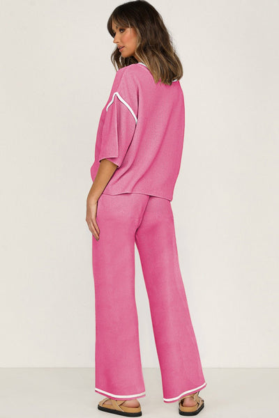 Women's Bright Pink Textured Knit Sweater and Wide-Leg Pant Set