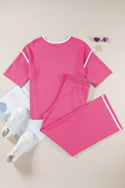 Women's Bright Pink Textured Knit Sweater and Wide-Leg Pant Set