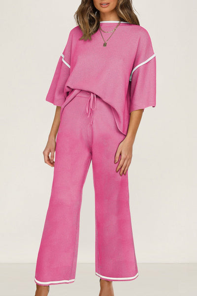 Women's Bright Pink Textured Knit Sweater and Wide-Leg Pant Set